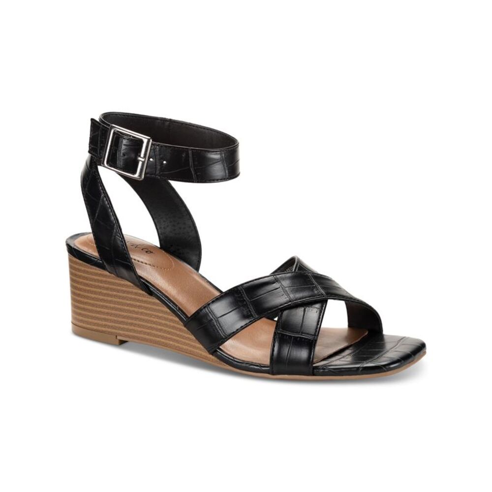 STYLE & COMPANY Womens Black Croc Leezaa Square Toe Wedge Heeled Sandal 8.5 M